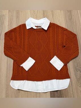 Cato Rust Orange Cable Knit Crewneck Sweater with White Collar size Medium